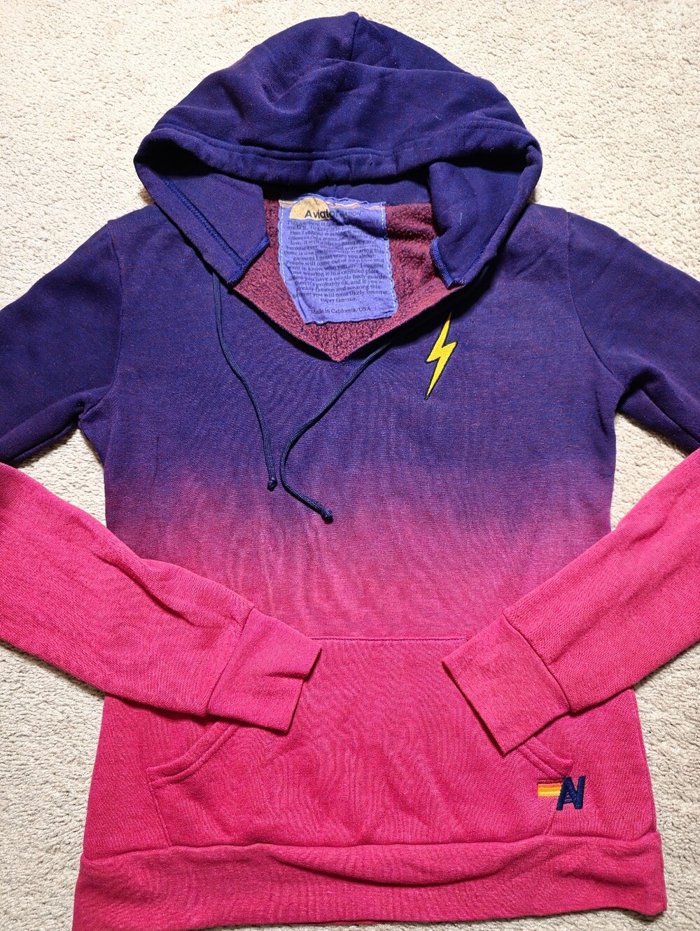 Aviator Nation Lightning Bolt Ombré Dip Dye V Neck Hoodie Pink Purple Small